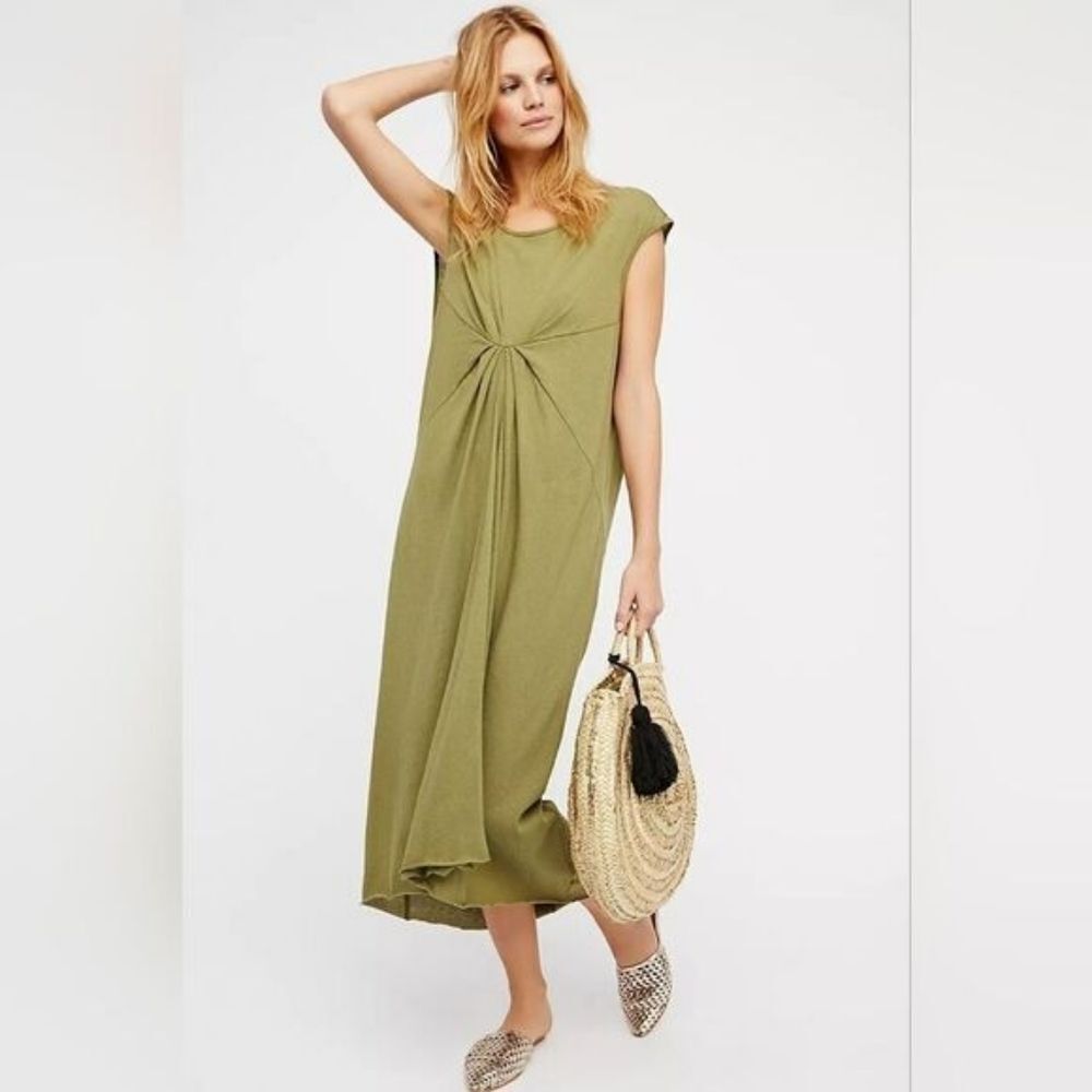 Free People Beach Olive Green Meghan Twist‎ Front Cotton Boho Maxi Dress XS